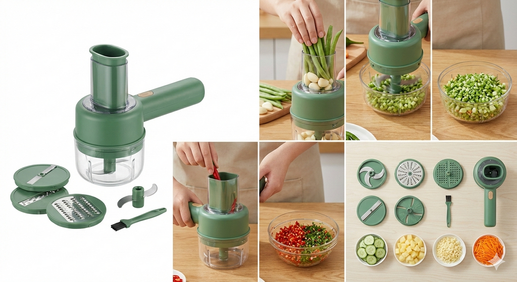 Chop, Slice & Dice Faster – 4-in-1 Portable Electric Vegetable Cutter