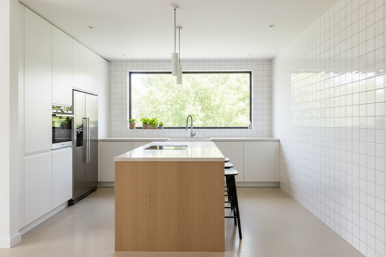 kitchen with white tiles on right 